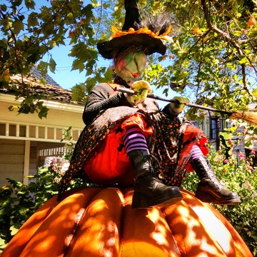 Gardner Village Witch Displays - witch on a giant pumpkin 