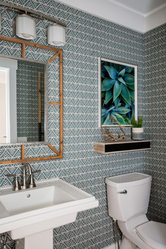Down to Earth Projects | Castlefield Lane - Wallpaper Bathroom floating shelves pedastal sink 