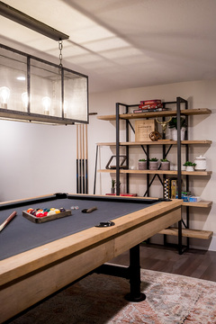 Down to Earth Projects | Castlefield Lane - pool table lighting open shelves 