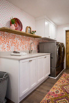 Down to Earth Projects | Castlefield Lane - Open wood shelves laundry room wall paper style 