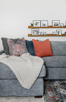 Down to Earth Projects | Jalais Lane - Sectional Throw pillows floating shelves 