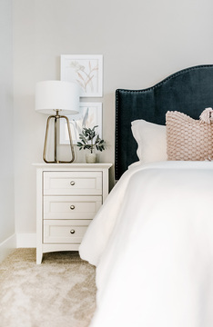 Down to Earth Projects | Jalais Lane - white NIghtstand velvet headboard nickle rivets 