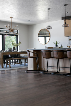 Down to Earth Projects | Urban Ridge Road - open concept kitchen round mirror  