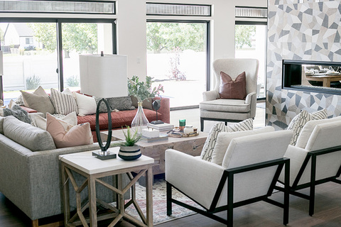 Down to Earth Projects | Urban Ridge Road - Living room modern fireplace frame backed chairs 