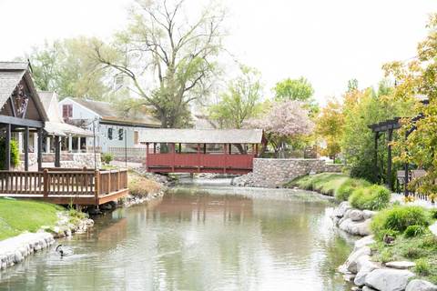 Gardner Village During Spring - the pond and bridge at gardner village 