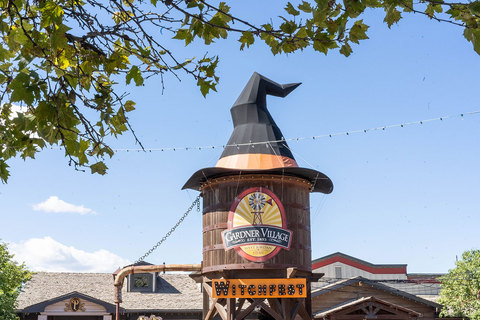 Gardner Village Witch Displays - witch hat on the water tower 