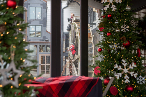 Christmas in the Village - the mill plaza and iconic water wheel at gardner village  