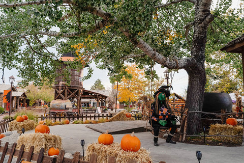 Gardner Village Witch Displays - center court of gardner village with a witch on a swing 