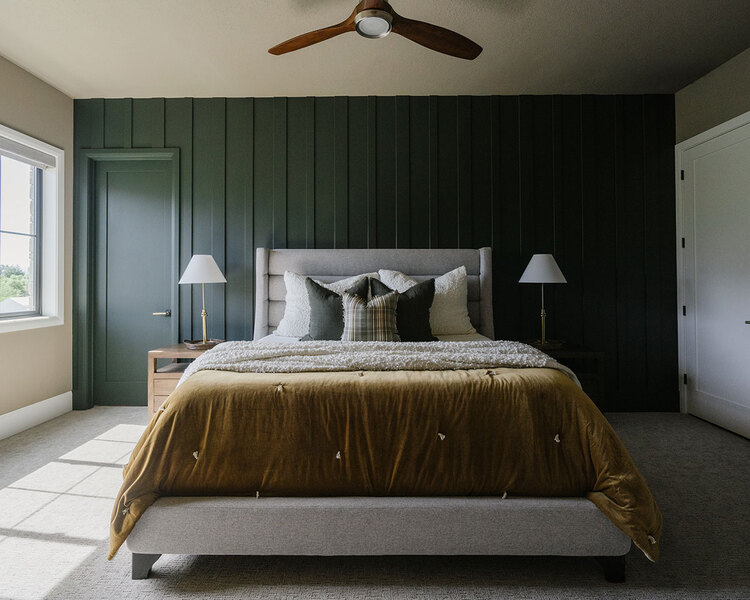 Down to Earth Projects | Utah Valley Parade at The Legacy at Meadow Ridge - Down to Earth Projects | Utah Valley Parade at The Legacy at Meadow Ridge - green statement wall in bedroom