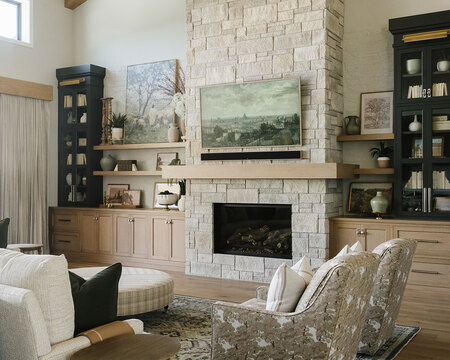 Down to Earth Projects | Utah Valley Parade at The Legacy at Meadow Ridge - family room with fireplace cabinets and furniture from down to earth 